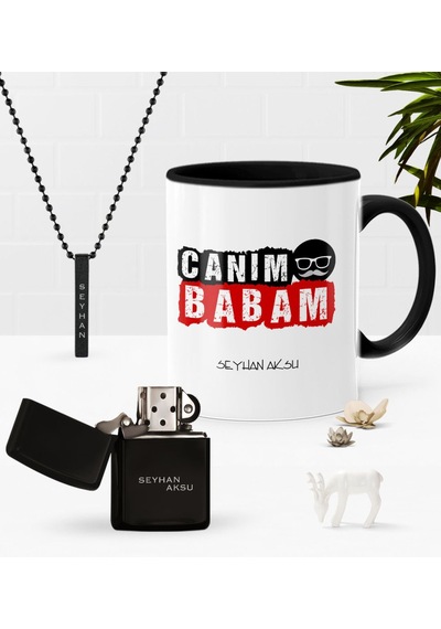 Kişiye Özel Canım Babam Siyah Kupa Benzinli Çakmak Kolye Seti-6