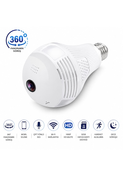 360 Panoramik Ampul Kamera E27 Duy Girişli Led Wifi Ip Kamera V380 Pro Türkçe Uygulama Destekli