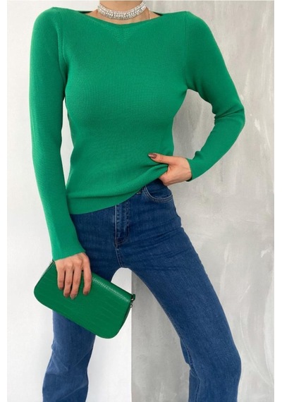Femelle Kadın Yeşil Standart Beden Basic Yaka Detaylı Fitilli Örme Bluz