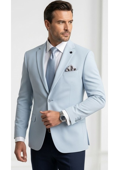 Plus Scorpion Erkek Slim Fit Çift Düğme Çift Yırtmaçlı Blazer Ceket Premium Dokulu Kumaş Bebe Mavisi