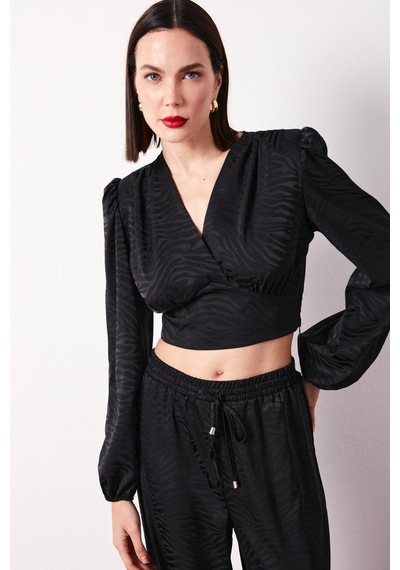Sateen Desenli Kruvaze Saten Bluz - Siyah-134487