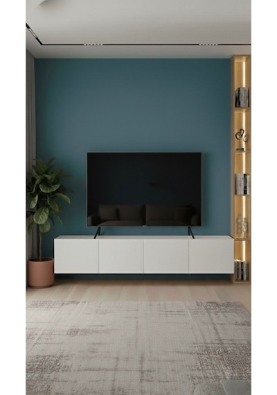 Modern Mobilya Paris Tv Ünitesi Tv Sehpası Duvara Monte 4 Kapaklı Beyaz 240 Cm Beyaz