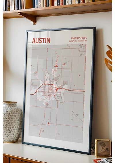Austin Amerika Haritası Çerçeveli Tablo Lüks Salon Ofis Duvar Dekorasyonu Hediyelik Tablo
