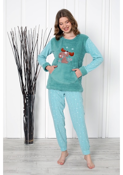 Wordex Fwn 04-3301 Peluş Welsoft Polar Kışlık Yumoş Geyikli Kadın Pijama Takımı Yeşil