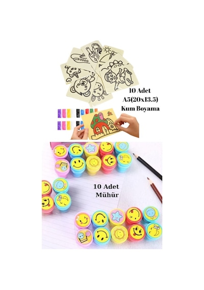 Nostaljik Oyuncak Mühür Istampa 10 Adet + Kum Boyama Seti 10 Adet A5 Boyutunda 20x13,5 Cm