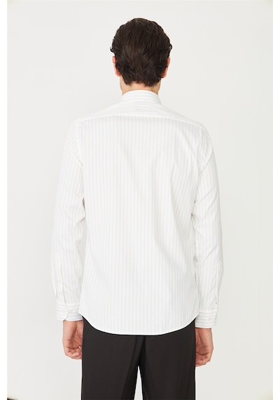 Bej İnce Çizgili Uzun Kollu Gömlek Slim Fit Beyaz-kahve