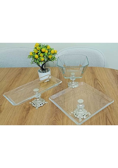 Elta Collection 3 Parça Gümüş Pasta Sunumluk Kurabiyelik Seti Gümüş