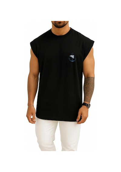 Oversize Bahriyeli Collection Logo Cep Tasarımlı Atlet Siyah