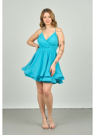 Saygın Kadın Kruvaze Yaka Kısa Abiye Elbise 0990237 Turkuaz