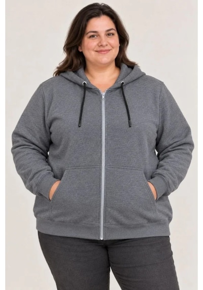Butik İstanbul Battal Büyük Beden Üç İplik İçi Şardonlu Kapüşonlu Tam Fermuarlı Kışlık Sweatshirt - Füme