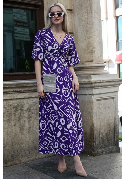Madmext Mor Desenli V Yaka Midi Elbise Mg1797