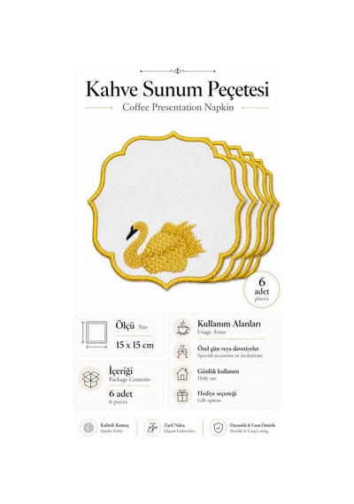 Gold Nakış İşlemeli 6'lı Kahve Yanı Sunum Peçetesi Çeyizlik Kahve Altı Sunum Peçetesi Pevluna Gümüş