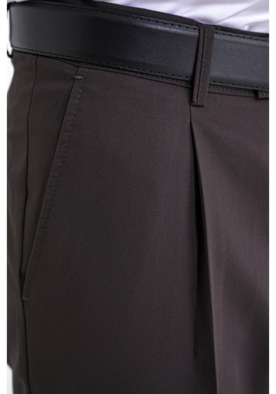 Comfort Fit Yan Cep Esnek Pamuklu Gabardin Tek Pileli Kahverengi Pantolon P 1211
