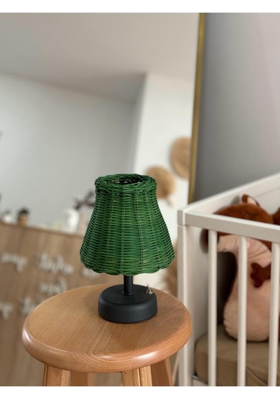 Yeşil Rattan & Bambu Masa Üstü Kablosuz Pilli Abajur Masa Lambası Alt Ayak Antrasit