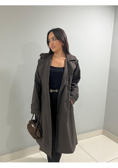 Kadın Kemerli Uzun Trençkot Su Geçirmez, Astarlı, Oversize Şık Model Kahverengi