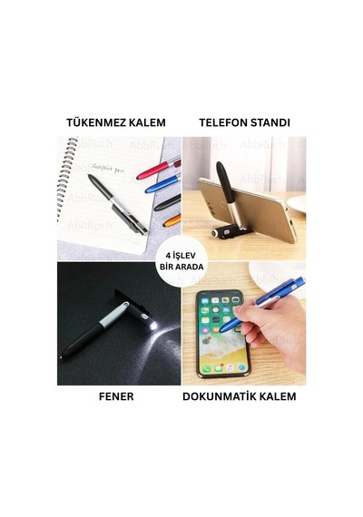 4in1 Dokunmatik Kalem Fenerli Telefon Standı Tükenmez Kalem Tablet Telefon Uyumlu Stylus Pen Çizim