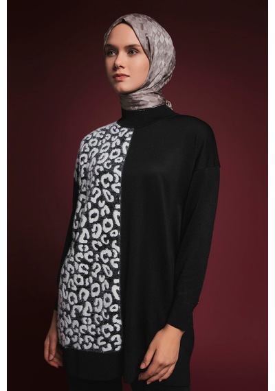 Armine Trend Leopar Desenli Balıkçı Yaka Triko Tunik Siyah 25ytd4110 Siyah