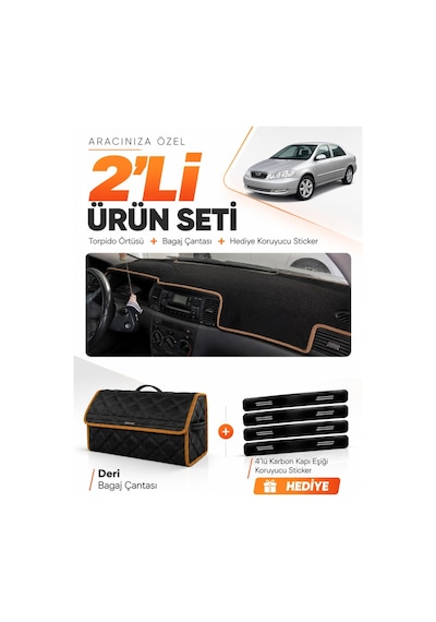 Toyota Corolla E130 2000-2006 Uyumlu Torpido Örtüsü + Deri Çanta + Sticker - Siyah Kahverengi