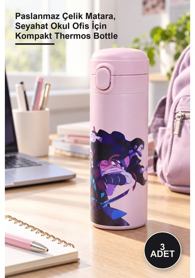 3 Adet Anime Baskılı Termos Paslanmaz Çelik Matara, Seyahat Okul Ofis İçin Kompakt Thermos Bottle Diğer