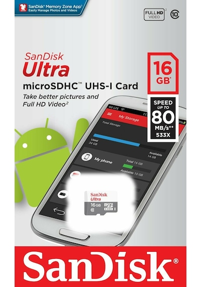 Sandisk Ultra SDSQUNS-016G-GN3MN 16 GB MicroSDHC Class 10 UHS-I Hafıza Kartı
