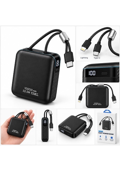 Xiaomi 14t / 14t Pro Uyumlu 10000 Mah Mini Powerbank Dijital Göstergeli Taşınabilir Şarj Cihazı Siyah
