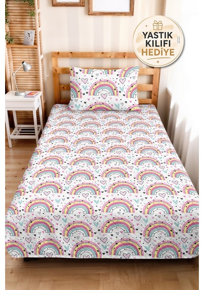 Evimde Bambaşka Gökkuşağı Desenli Pembe Kız Çocuk Pike Takımı - Kalp Motifli Bebek Odası Yatak Örtüsü - 160x220  CM