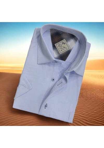 Linen Keten Klasik Mavi Kısa Kollu Erkek Gömlek Regular Kalıp -10086 Mavi