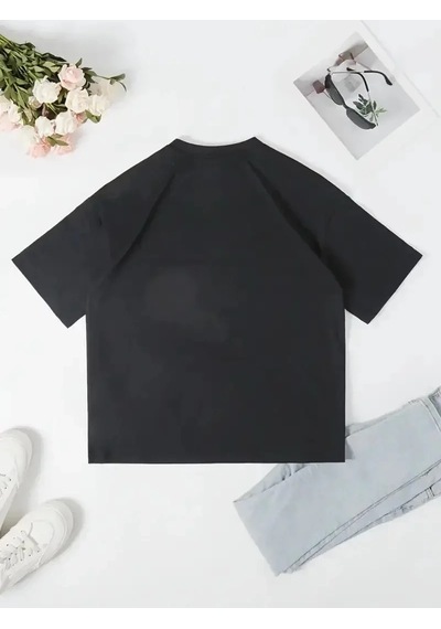 Kadın T-shirt Ördek Baskılı Bisiklet Yakalı Kısa Kol Tişört - Siyah
