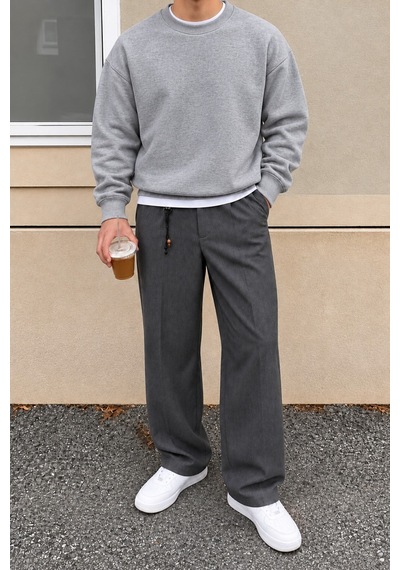 Cool Tarz Erkek 3 İplik Şardonlu Regular Fit Bisiklet Yaka Basic Sweatshirt Gri Gri