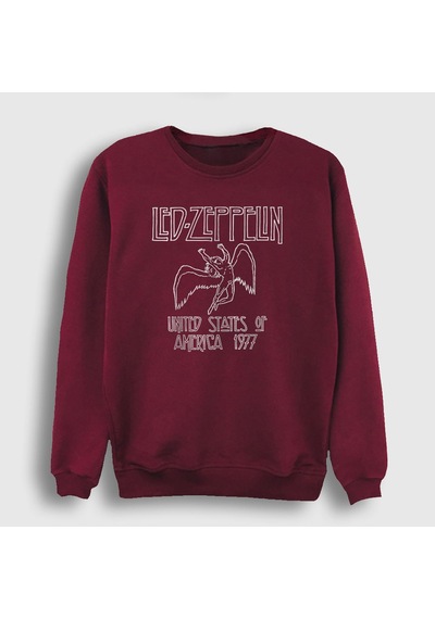 Presmono Unisex Logo Led Zeppelin Sweatshirt Bordo