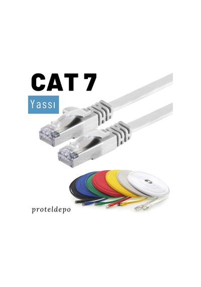 Cat7 Yassı Ftp Ethernet Network Lan İnternet Kablosu, Beyaz 2 Metre Standart