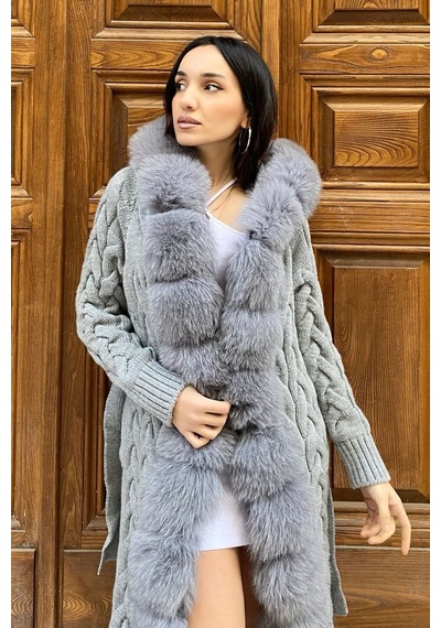 Lava Design Kürklü Triko Hırka - Uzun Triko Hırka - Kadın Triko Hırka Örgülü Gri gri