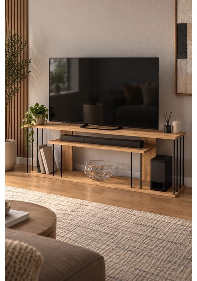 Sulorahome Çam Desenli Kahverengi Tv Ünitesi Ve Raf Sistemi