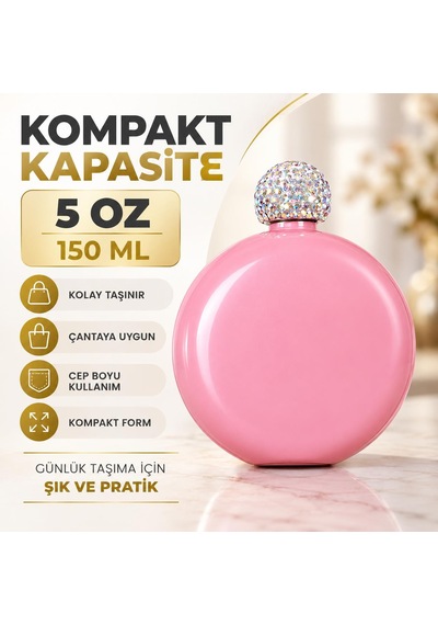 Lüks Taş İşlemeli Renkli Paslanmaz Çelik İçki Matarası 5 Oz 150 Ml. Cep Çanta Kamp Outdoor Hediyelik Pembe