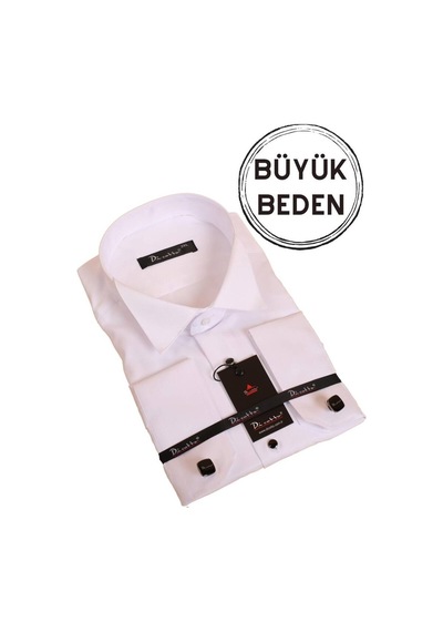 Dicotto Beyaz Büyük Beden Siyah Taş Düğmeli Damatlık Ata Yaka Kol Düğmeli Slim Fit Smokin Gömlek - 090 001