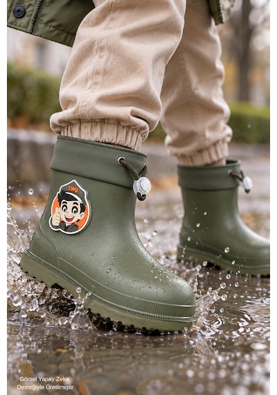 Muggo Kitty İçi Kürklü Lastikli Unisex Çocuk Günlük Yağmur Ve Kar Çizmesi Haki