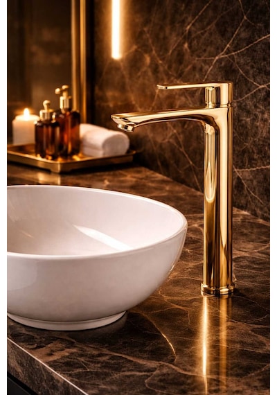 Viosa Gold Altın Renk Kaplamalı Çanak Lavabo Bataryası Yüksek Banyo Lavabo Bataryası Siyah