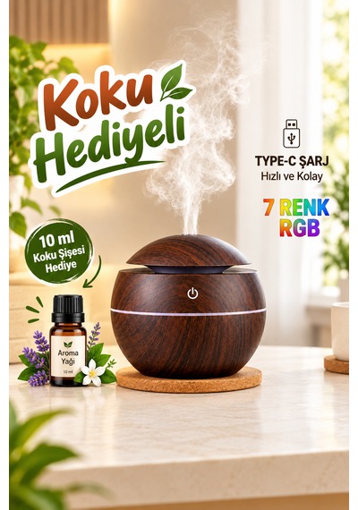 Şarjlı Led Işıklı Ultrasonik Hava Nemlendirici Buhurdanlık Ev Ve Araç İçin Usb Port Ceviz Renk Mini Boy Aromaterapi Difüzör
