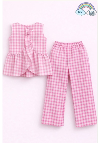 My Kids Wear Kız Çocuk Pötikareli Peplum Bluz Ve Pantolon Takımı 12689 Pembe
