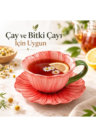 Valkyrie Gelincik Serisi Çiçek Tasarımlı Fincan Ve Tabak Seti 350 Ml Dekoratif Kahve Çay Fincanı Krm Kırmızı