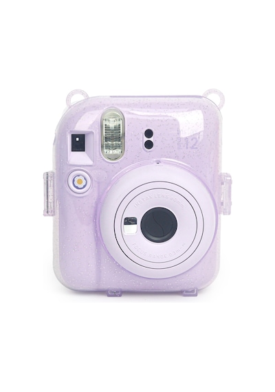 Fujifilm Instax Mini 12 Fotoğraf Makinesi + 10'lu Film + Kıskaçlı Resim Standı + Simli Pleksi Kılıf Seti Lila
