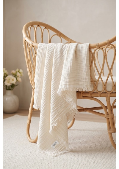 Çift Katlı Müslin Bebek Pike Örtü Yenidoğan Battaniyesi 85x95 Cm Bebek Pikesi Puset Örtüsü Ekru