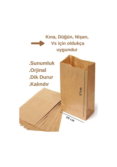 100 Adet 10x17 Dik Duran Körüklü Kalın Kraft Sunumluk Kese Kağıdı Düğün, Nişan, Kına Vs Uygundur 1