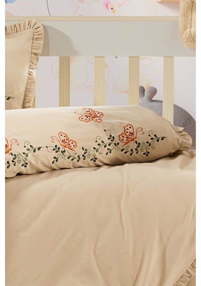 %100 Natural Pamuk Kelebekli Çiçekli Nakışlı Fırfırlı Bebek Nevresim Takımı Bej - 786931912 Bej