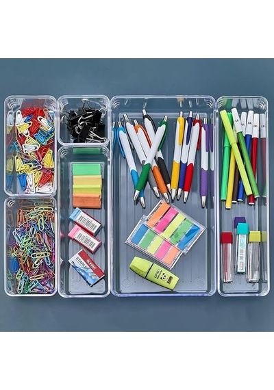 Promosyonca 6 Parça Organizer Çekmece İçi Düzenleyici, Şeffaf Kristal Plastik Düzenleyici Seti, Plastik Organizer Genel
