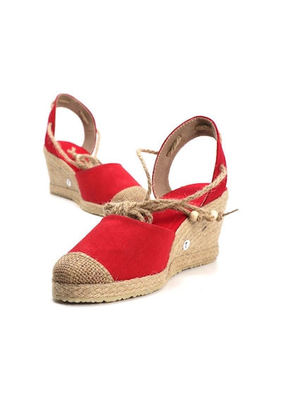 Gerçek Elişi Topuğu Açık Bilekten Bağlamalı Bej Dolgu Topuk Keten Hasır Espadril Handmade Kırmızı