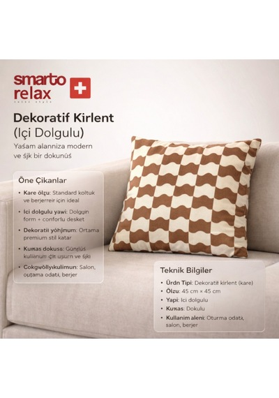 Smarto Relax Içi Dolgulu Kırlent 45x45 Cm Kare Salon & Berjer Kırlenti Bej - Kahverengi
