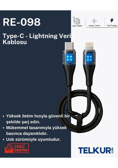 Ferro Reshurk Re-098 Type-c & Lightning Silikon Uclu Ledli 1000cm 30w Hızlı Data - Şarj Hasır Kablo