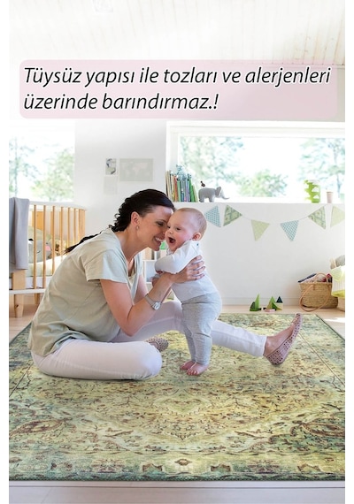 Blues Vintage Desenli Dokuma Taban Dekoratif Yeşil Halı (Al 23)