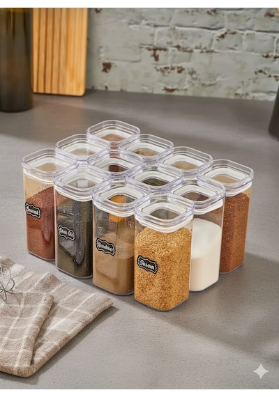12'li 300ml Vakumlu Kapak Baharatlık Takımı - Sızdırmaz Conta - 25 Adet Etiket Hediyeli Şeffaf